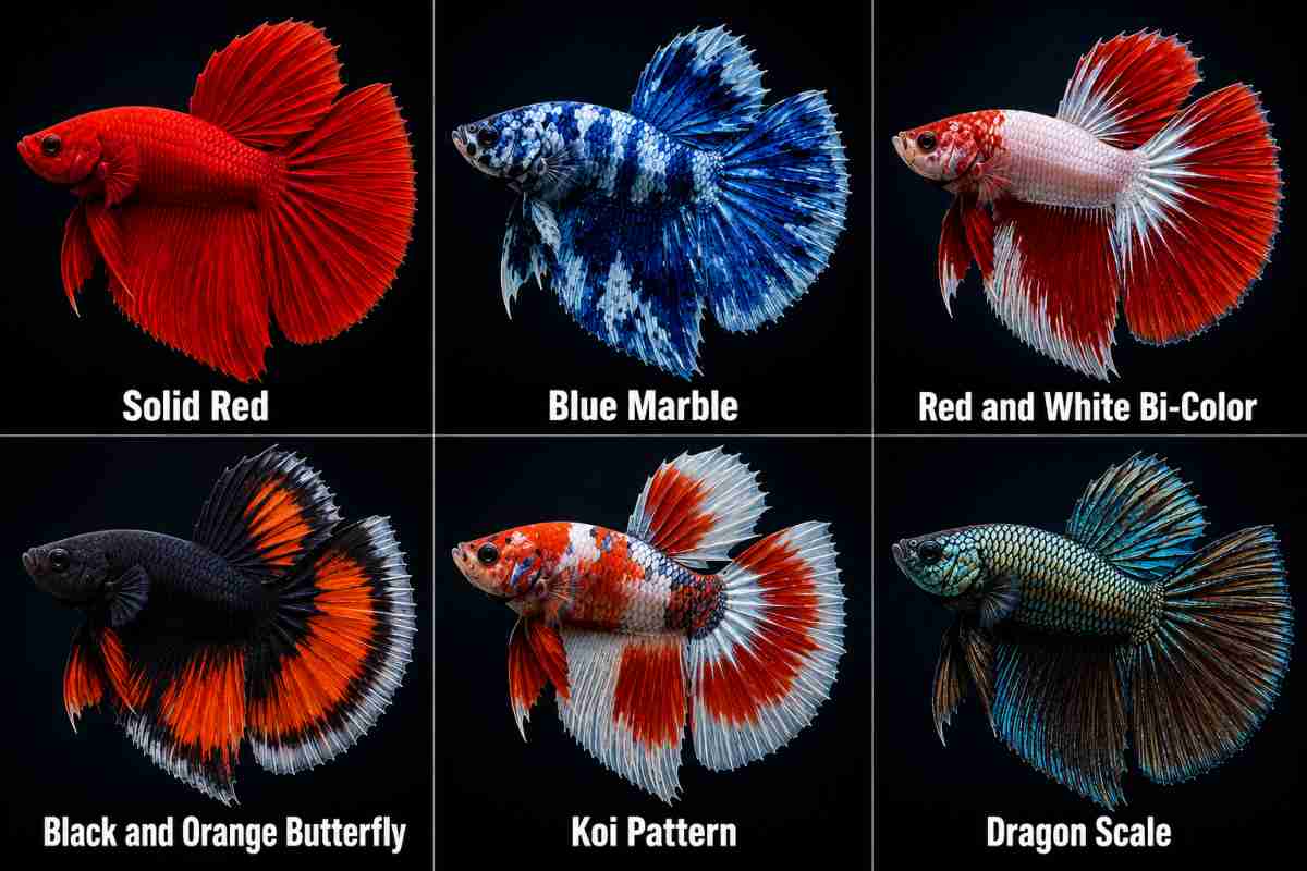 Six Delta Tail Betta fish shown in solid red, blue marble, bi-color, butterfly, koi, and dragon-scale patterns.