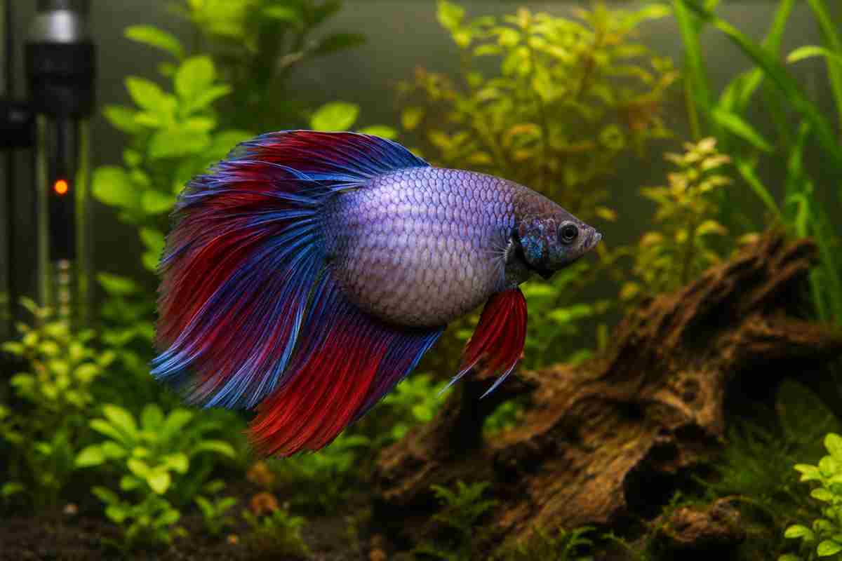 Betta fish with dropsy showing swollen belly and raised scales.