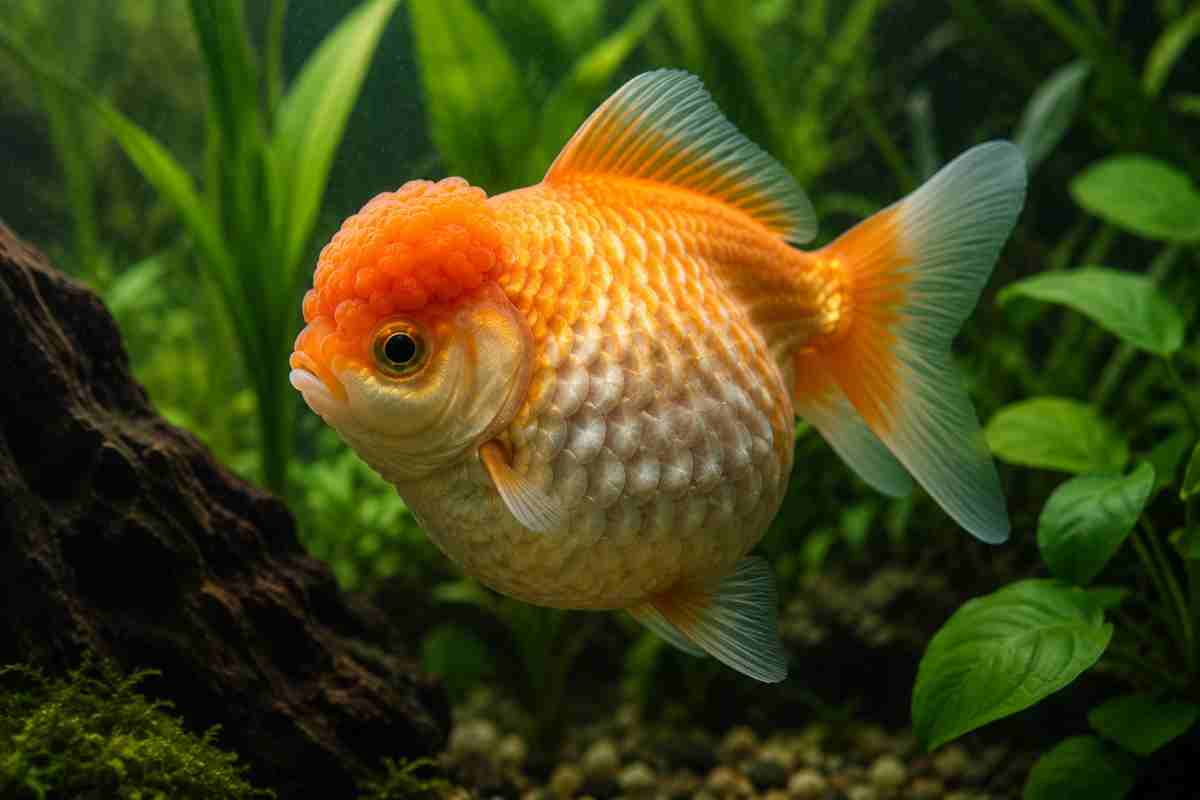 Fancy Oranda goldfish showing visible dropsy symptoms and a swollen, pinecone-scaled belly.