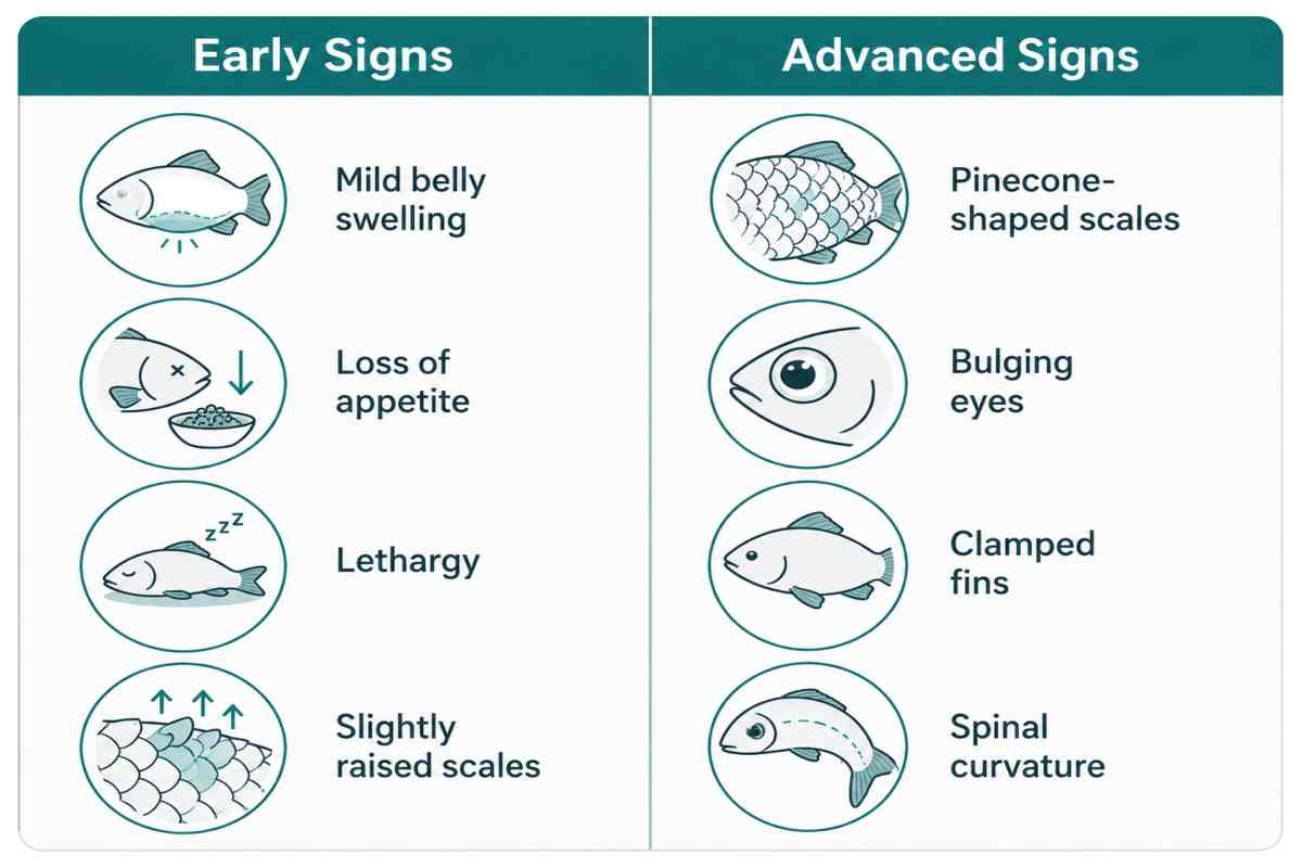 Infographic comparing early and advanced signs of dropsy in fish.