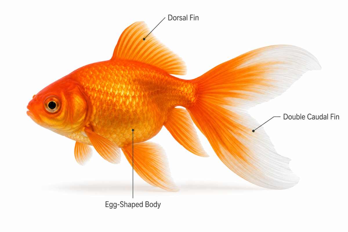 Labeled fantail goldfish showing dorsal fin, double caudal fin, and egg-shaped body.
