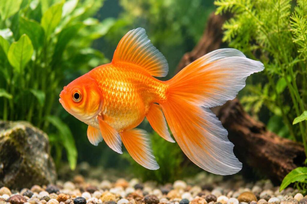 Orange fantail goldfish swimming in a planted freshwater aquarium.