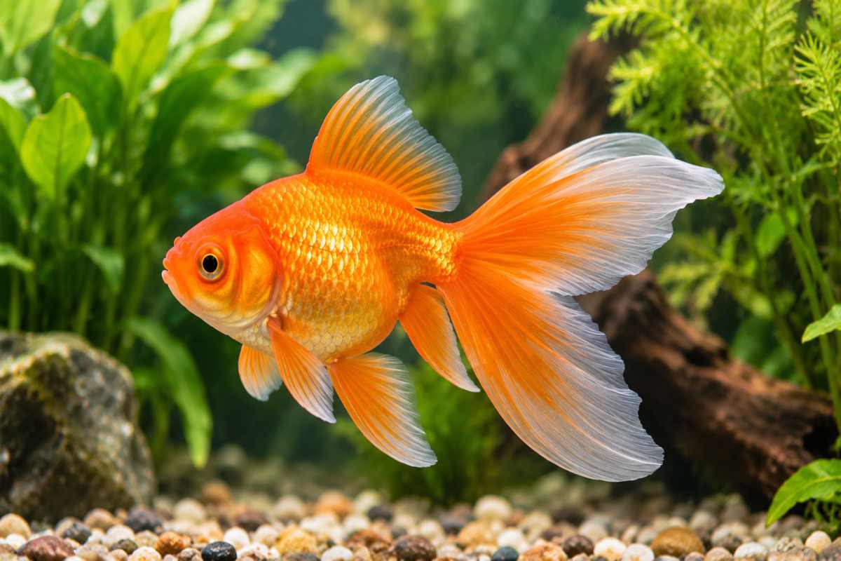 Orange fantail goldfish swimming in a planted freshwater aquarium.