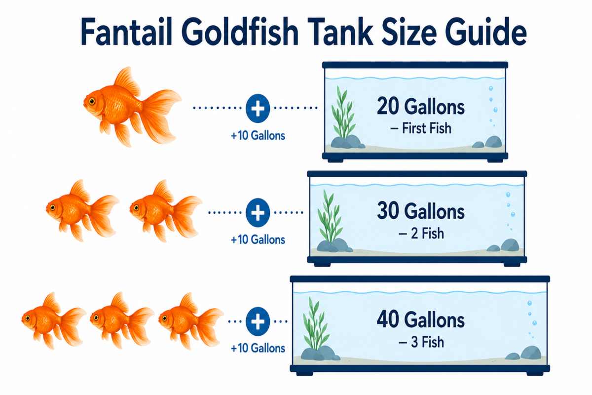 Fantail goldfish tank size guide showing gallons needed per fish.