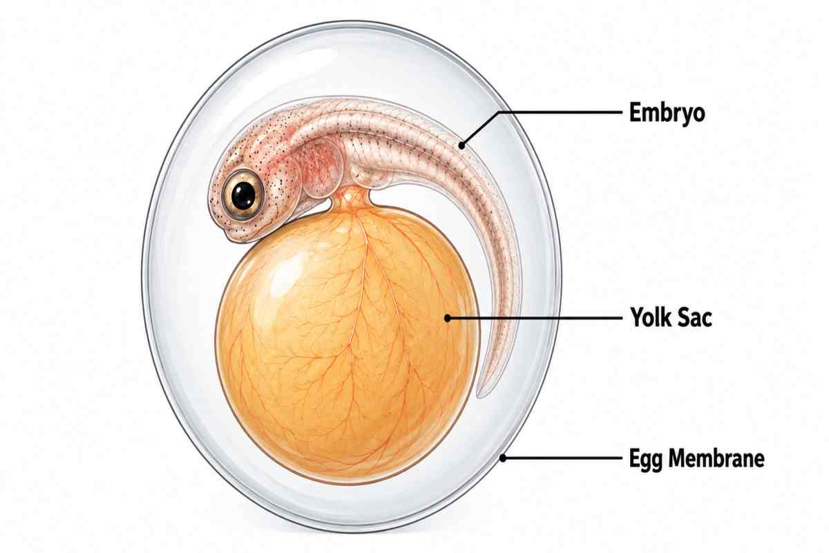 Labeled cross-section diagram of a fertilized fish egg showing the embryo, yolk sac, and egg membrane.