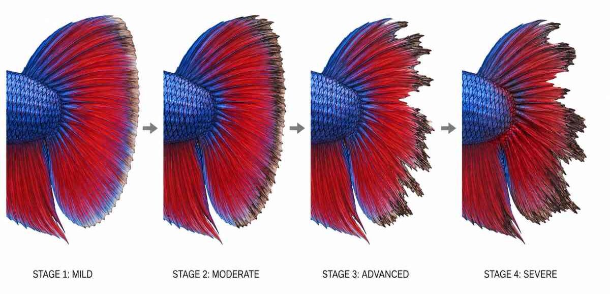Diagram showing four progressive stages of betta fin rot from mild to severe.