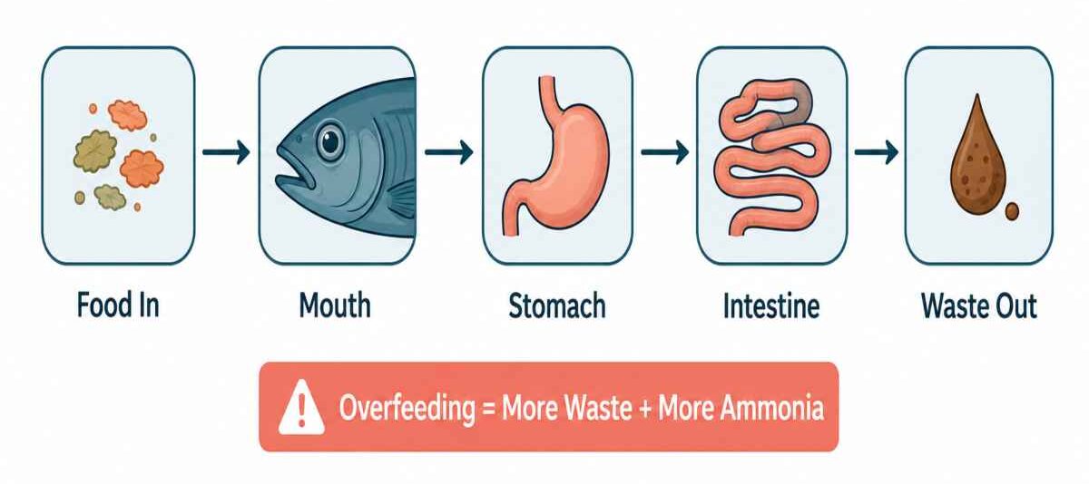 Process flow of fish digestion from food intake to waste, with a warning about overfeeding raising waste and ammonia.