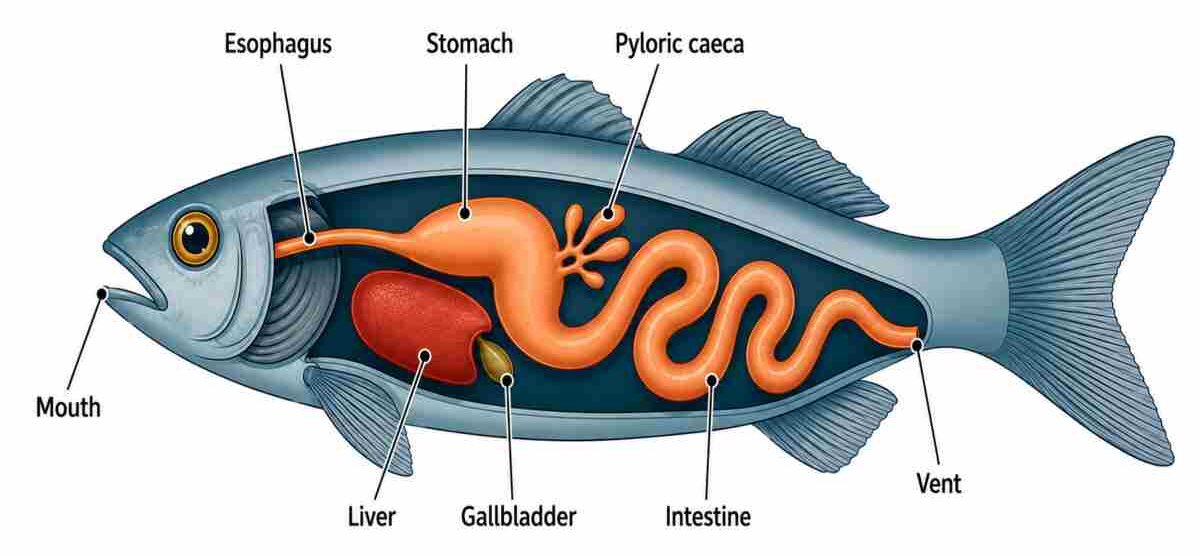 Labeled diagram of a fish's internal digestive system showing mouth, esophagus, stomach, pyloric caeca, liver, gallbladder, intestine, and vent.