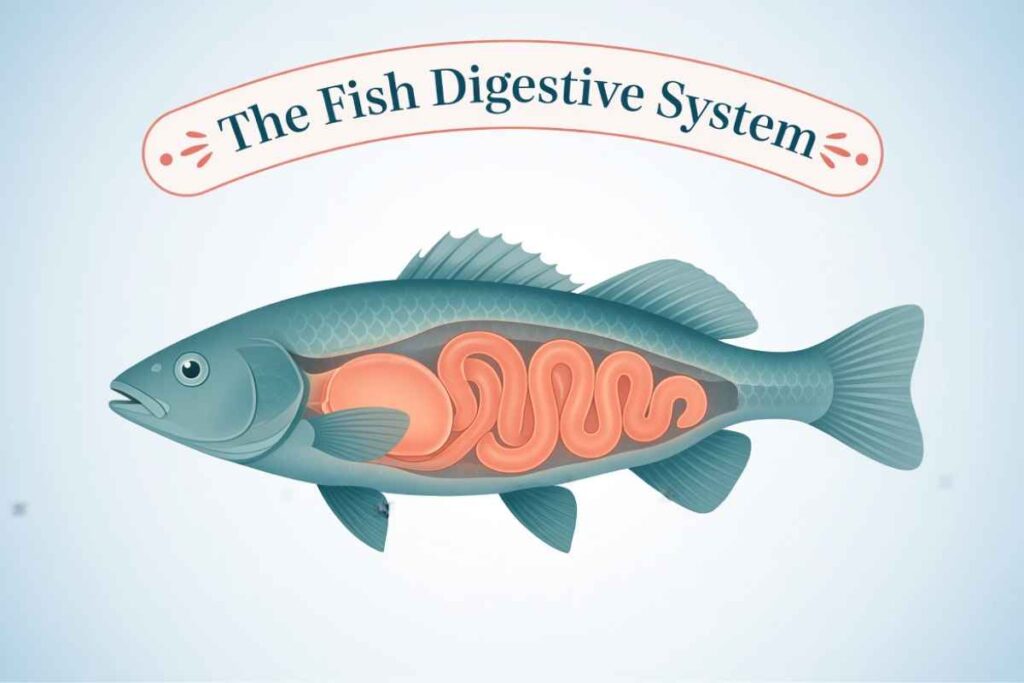 Featured illustration of a fish's internal digestive tract titled "The Fish Digestive System.