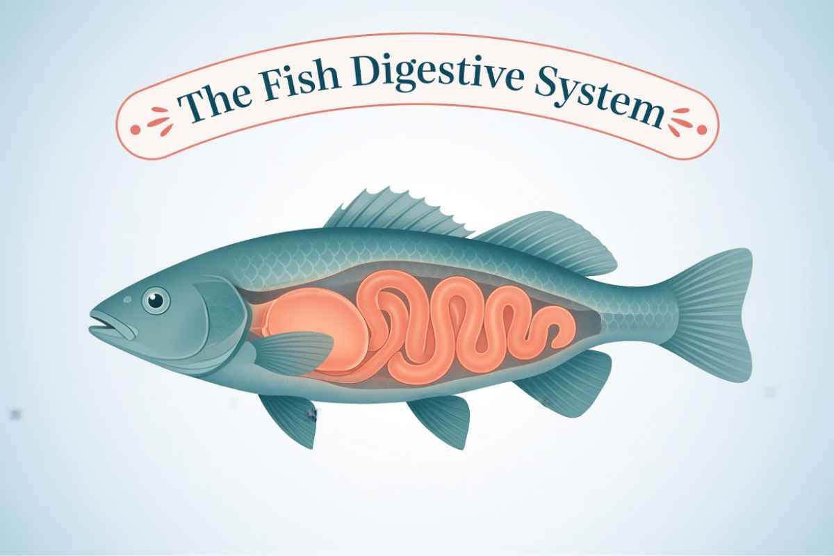 Featured illustration of a fish's internal digestive tract titled "The Fish Digestive System.