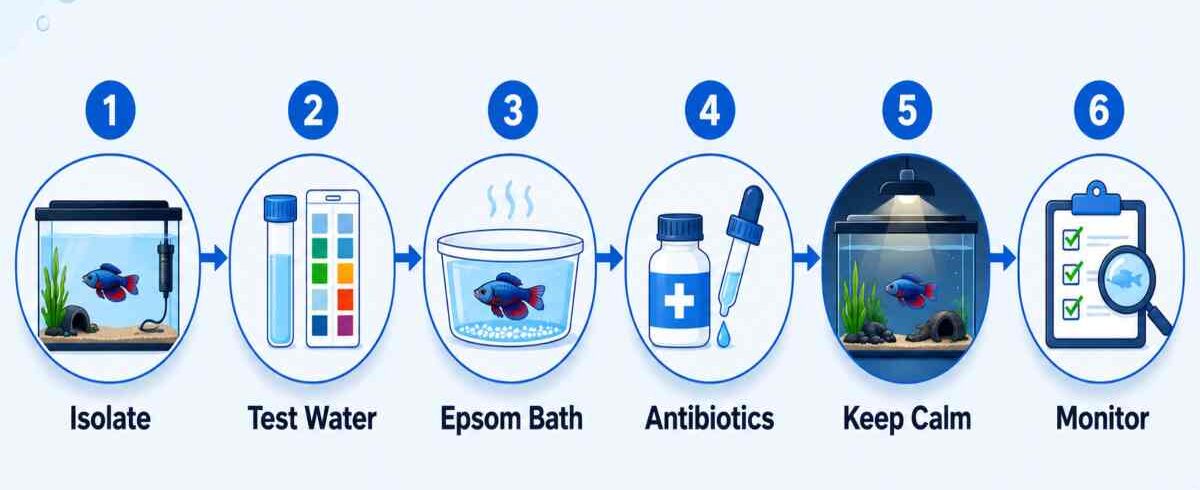 Six-step infographic showing how to treat dropsy in fish at home.