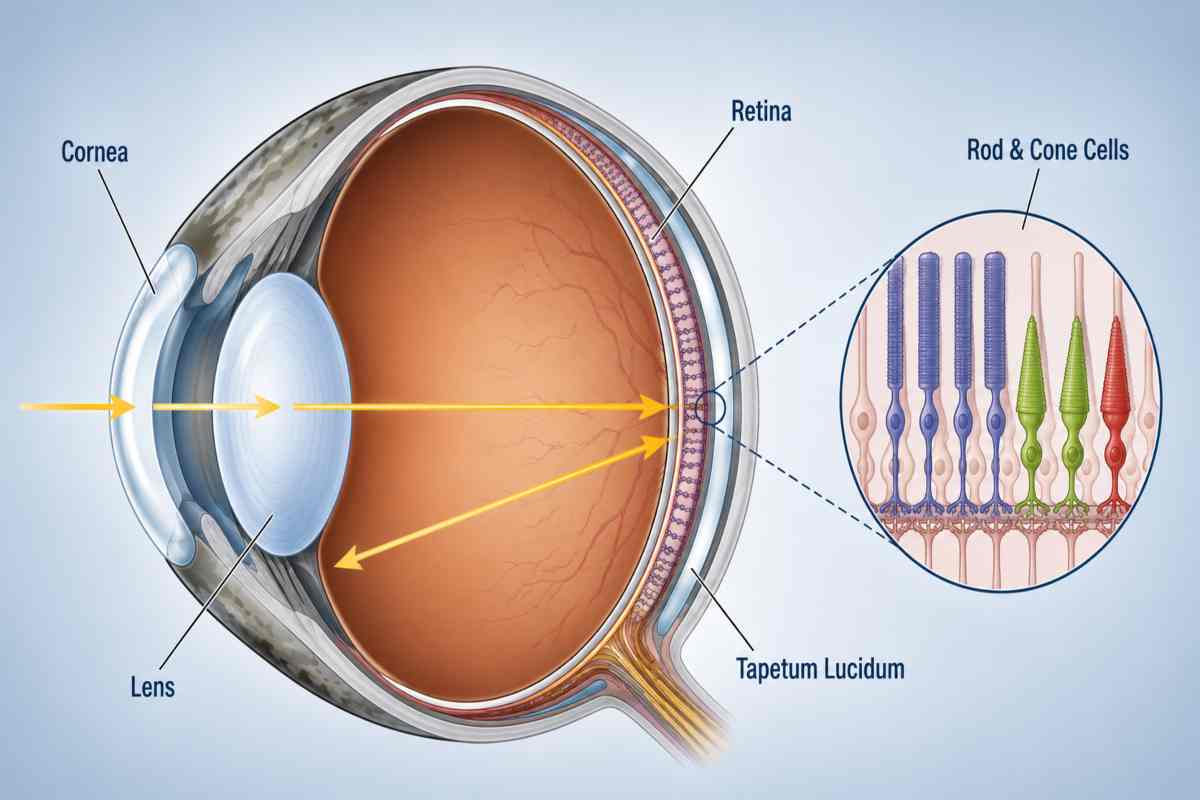 Labeled cross-section of a fish eye showing the cornea, lens, retina, tapetum lucidum, and a close-up of rod and cone cells.