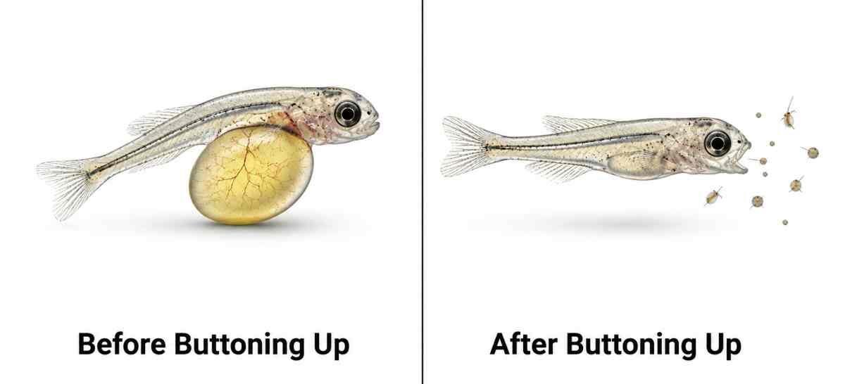 Comparison of a fish fry before and after buttoning up, showing the yolk sac absorbed and the fry feeding on plankton.
