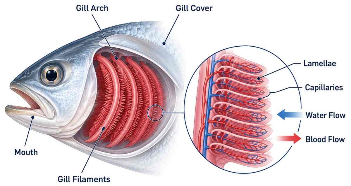 Labeled diagram of fish gill anatomy showing the gill arch, filaments, lamellae, and water flow direction.