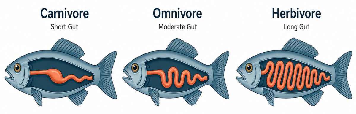 Comparison of fish intestine length across carnivore, omnivore, and herbivore diets.
