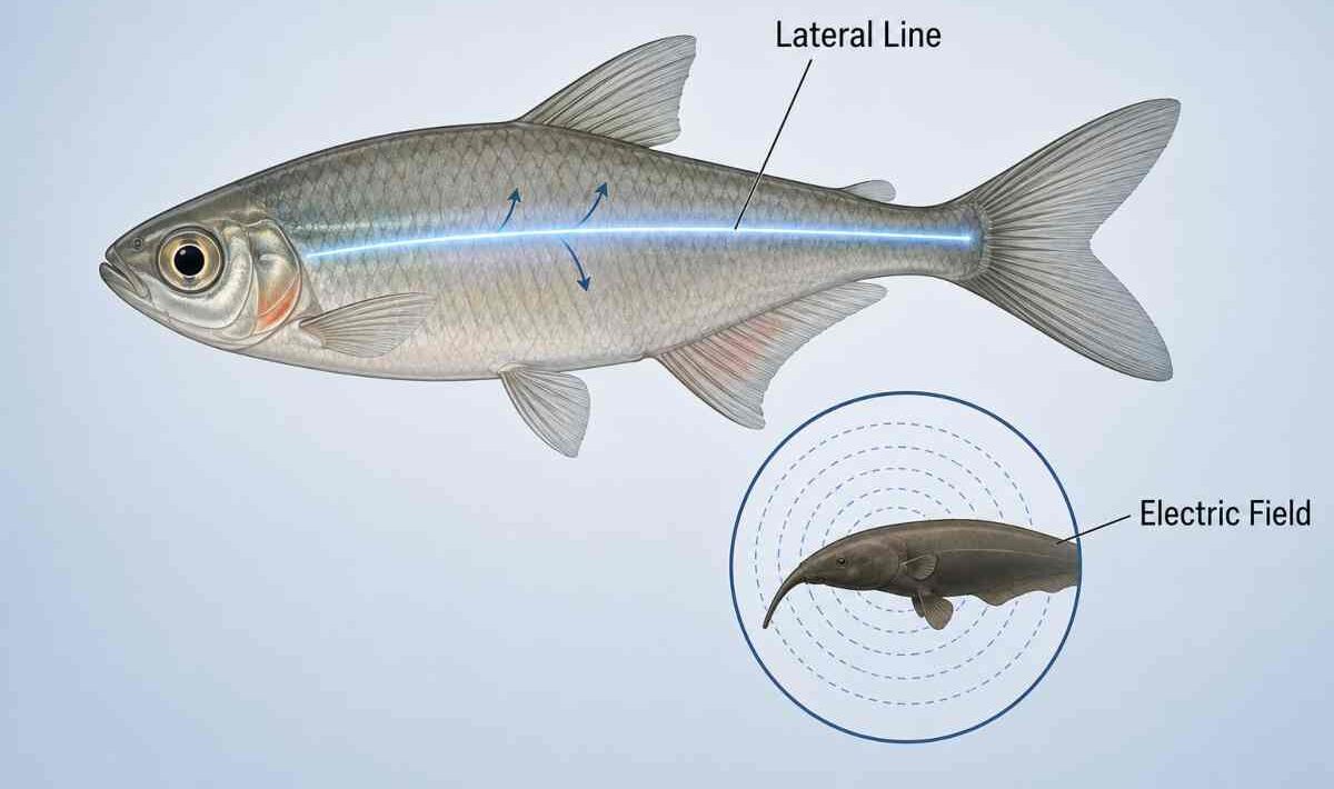 Illustration of a fish's lateral line running along its body, with an inset showing a weakly electric fish's electric field.