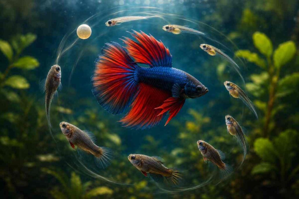 A vivid adult betta fish at the center of a circular fish life cycle, surrounded by egg, fry, and juvenile stages.