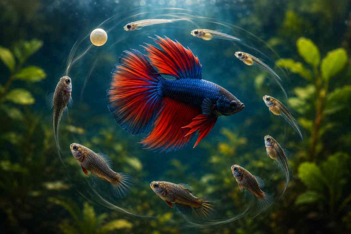 A vivid adult betta fish at the center of a circular fish life cycle, surrounded by egg, fry, and juvenile stages.