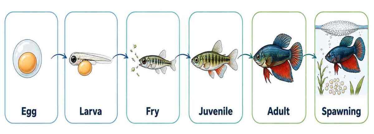 Infographic showing the six stages of the fish life cycle: egg, larva, fry, juvenile, adult, and spawning.