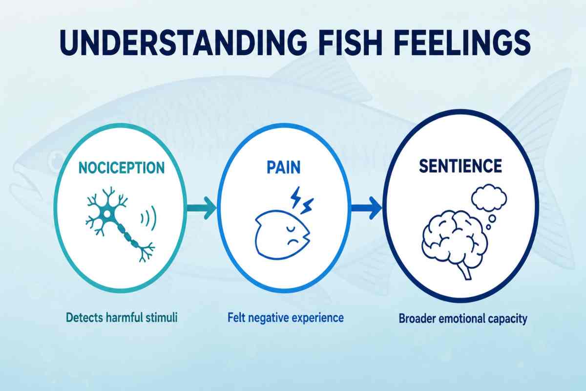 Infographic showing the progression from nociception to pain to sentience in fish, each with an icon and definition.