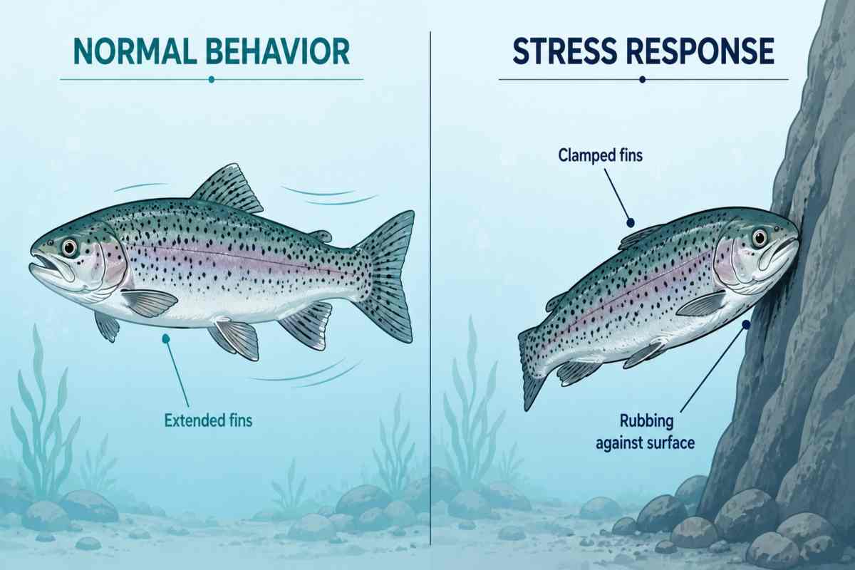 Side-by-side illustration comparing a rainbow trout's normal swimming posture to its stressed posture with clamped fins and rubbing behavior.
