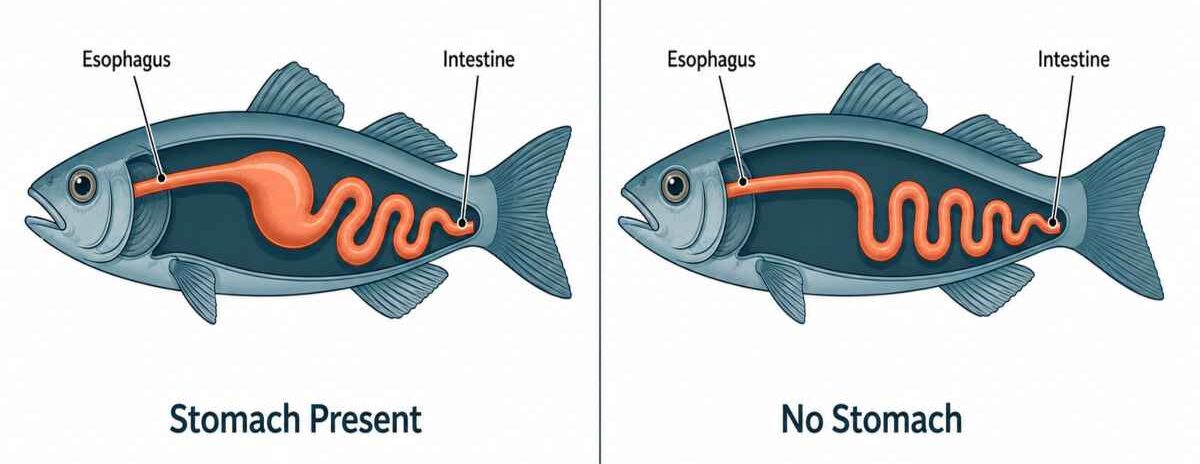 Side-by-side comparison of a fish digestive tract with a stomach versus one without a stomach.