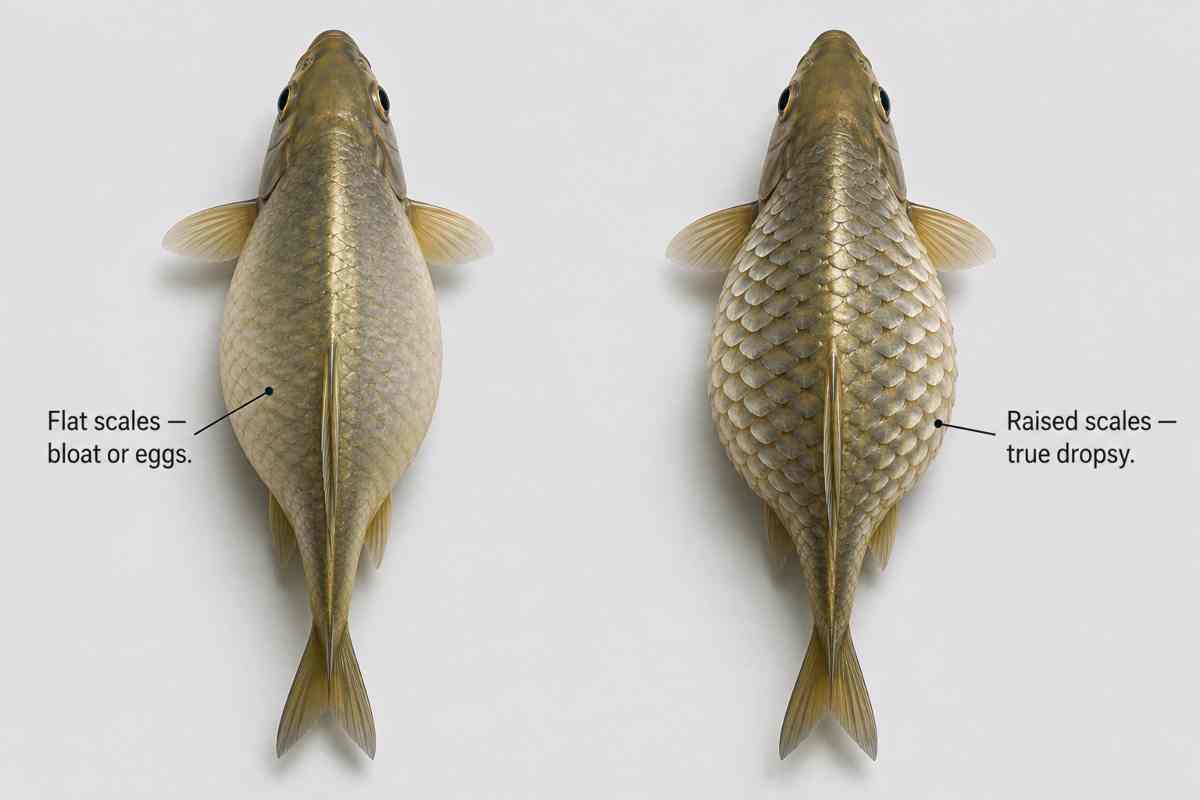Top-down comparison of flat scales versus raised pinecone scales in fish.