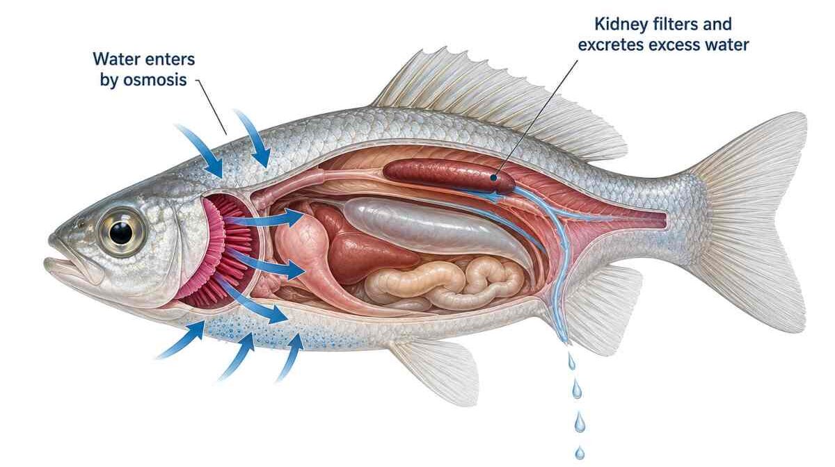 Diagram showing how water enters a fish and the kidney removes excess water.