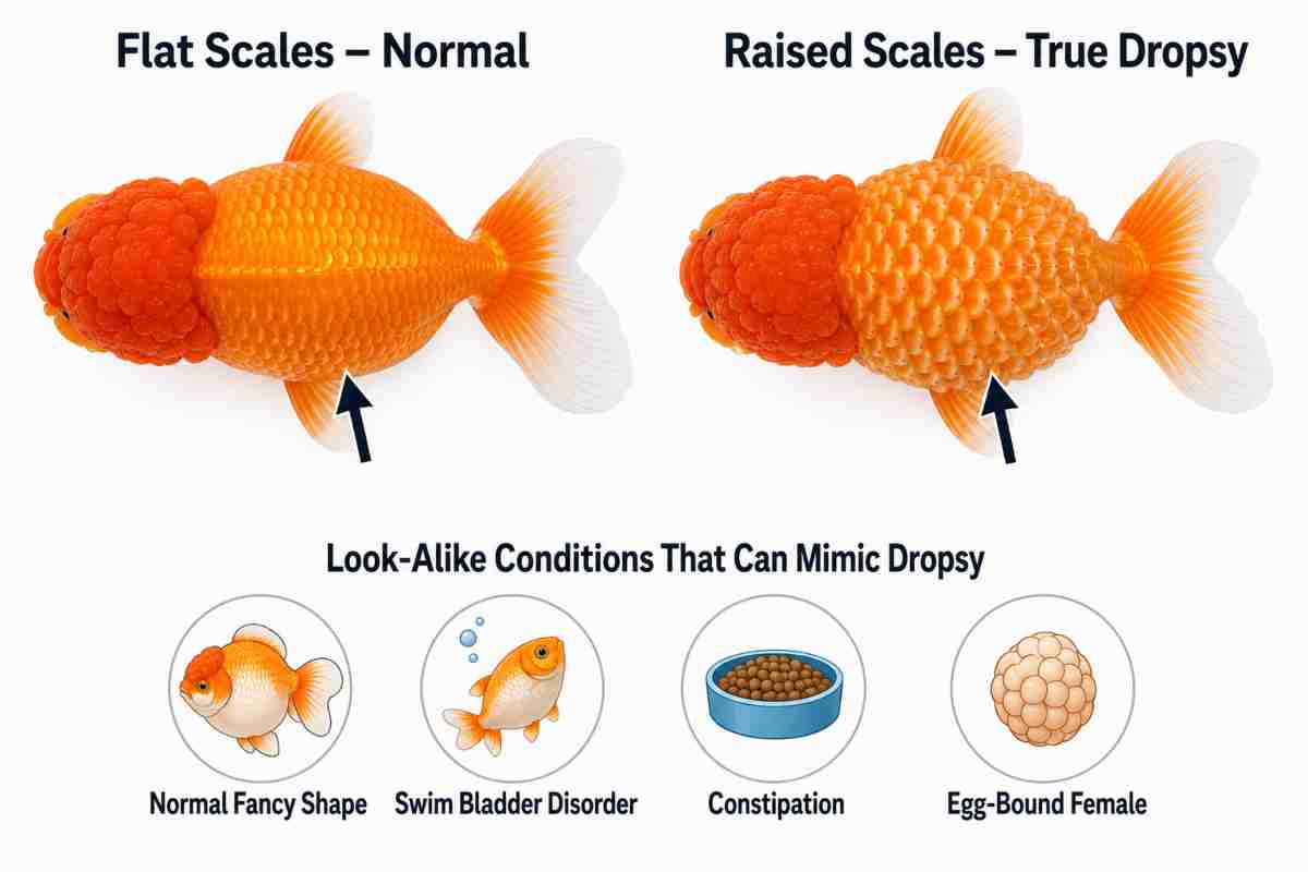 Top-down comparison of flat versus raised pinecone scales in goldfish with four dropsy look-alike icons.