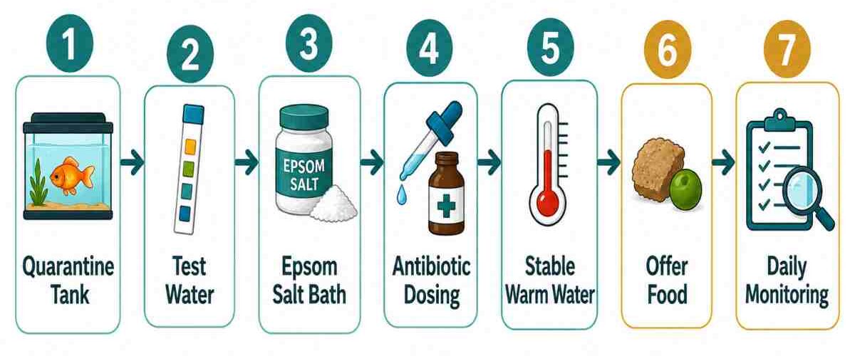 Seven-step infographic for treating dropsy in goldfish, from quarantine to daily monitoring.