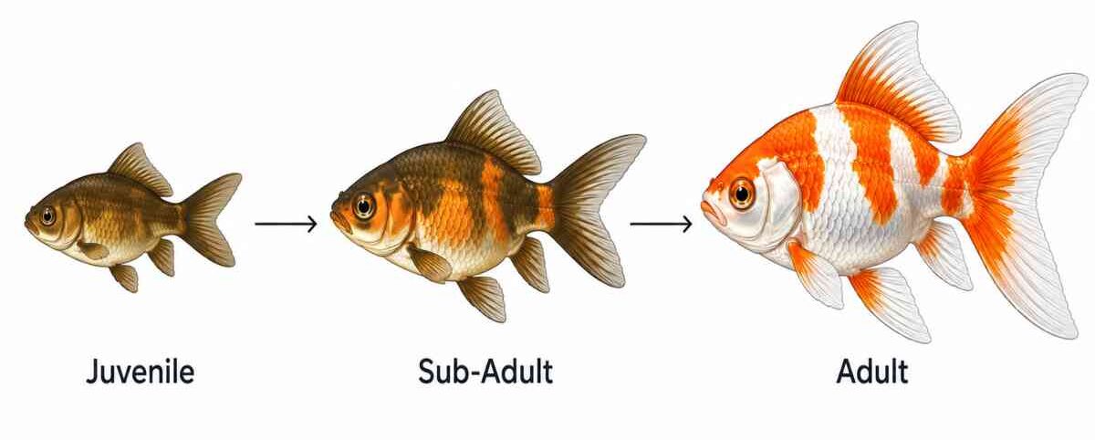 Goldfish color development from dark bronze juvenile to patchy sub-adult to white and orange adult, three growth stages illustrated.