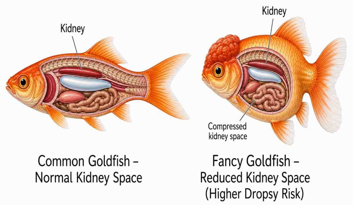 Cross-section illustration comparing kidney space in a common goldfish versus a fancy Oranda goldfish.