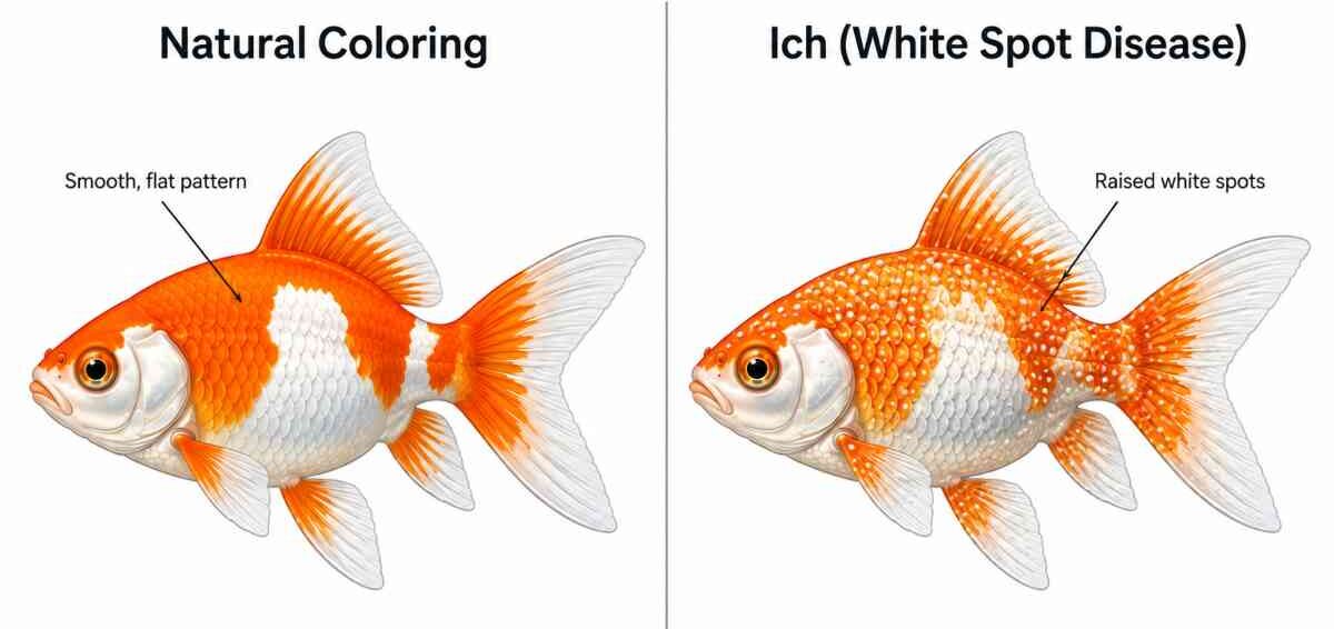 Comparison of healthy white and orange goldfish with smooth natural coloring versus a goldfish with Ich showing raised white spots.