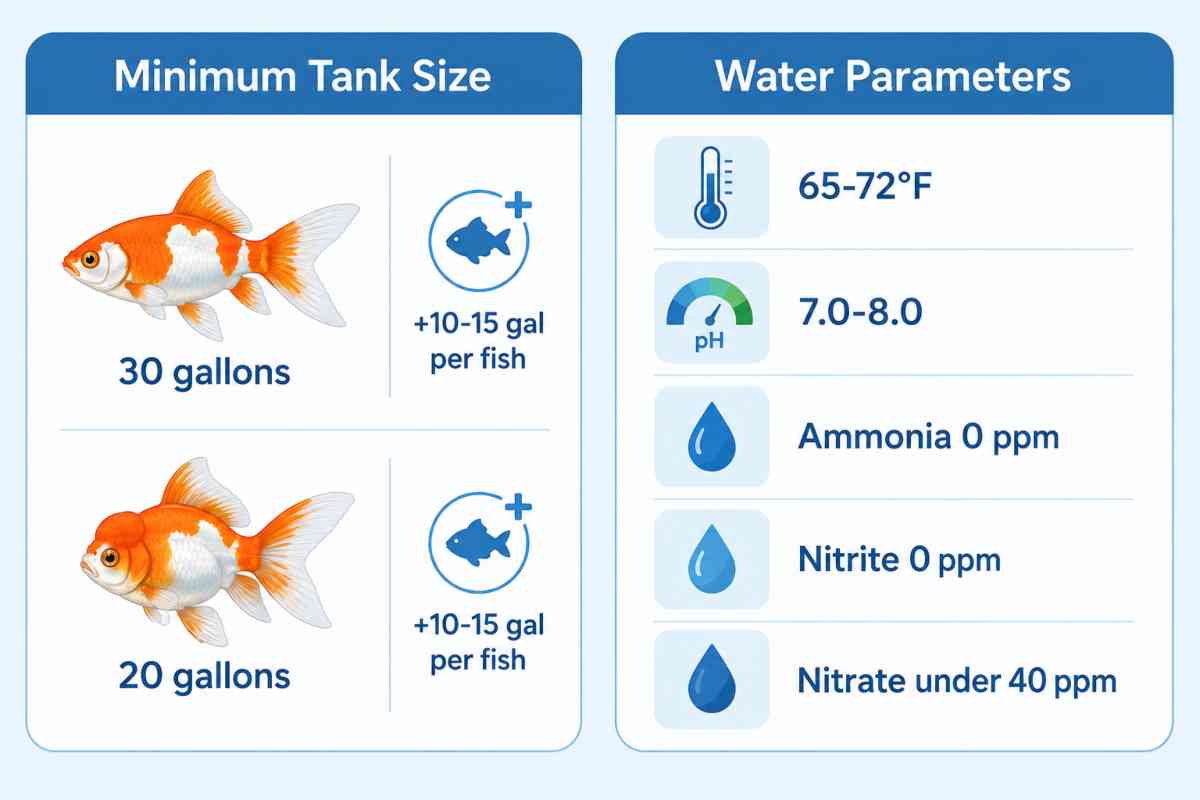 Infographic showing minimum goldfish tank sizes of 30 and 20 gallons plus water parameter checklist for temperature, pH, ammonia, nitrite, and nitrate.