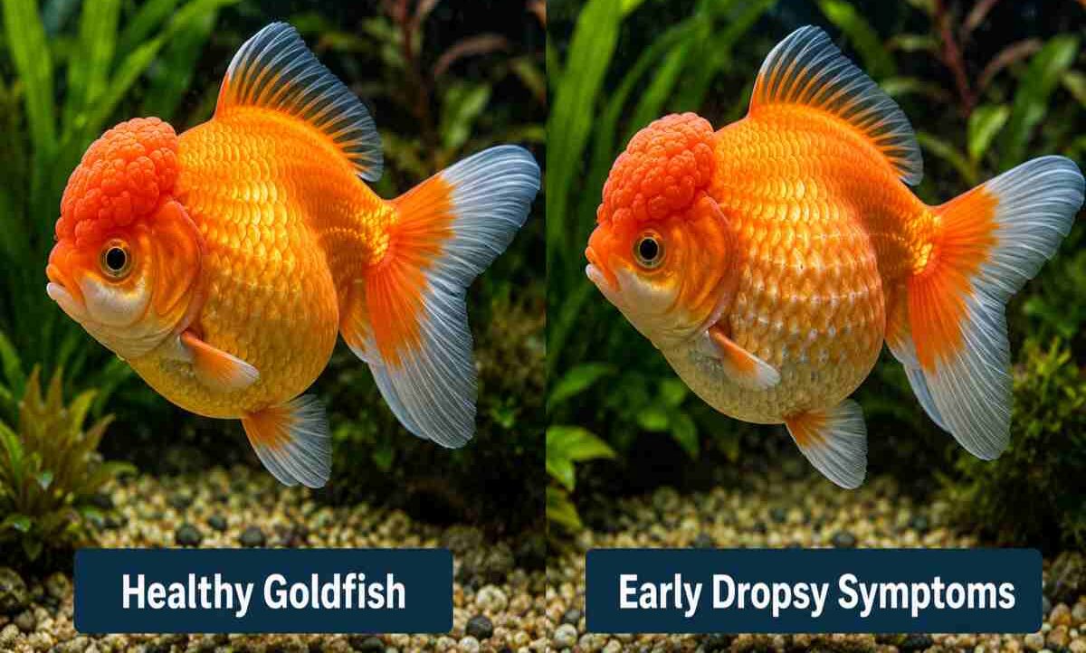 Side-by-side comparison of a healthy fancy goldfish and one showing early dropsy symptoms.