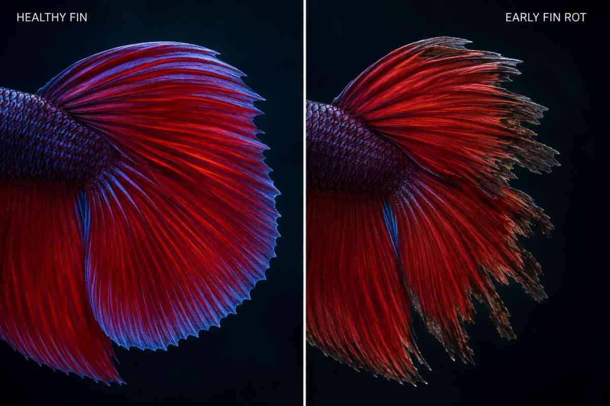 Side-by-side comparison of a healthy betta tail fin and one showing early-stage fin rot with frayed, darkened edges.