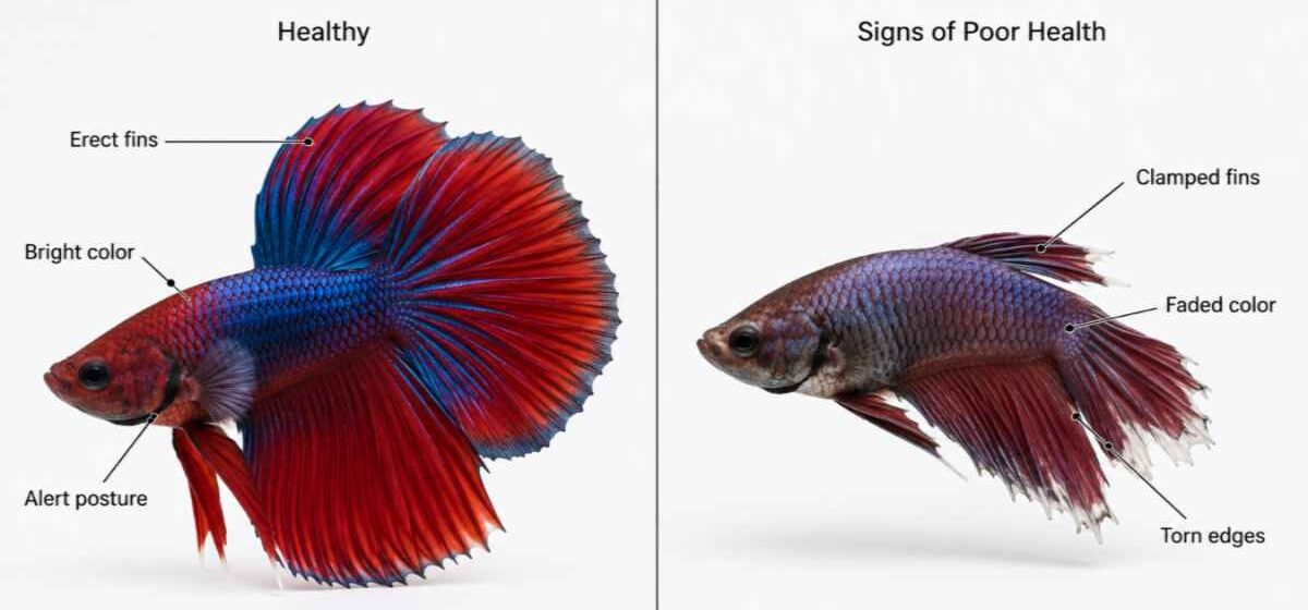 Side-by-side comparison of a healthy betta fish and one showing signs of poor health.