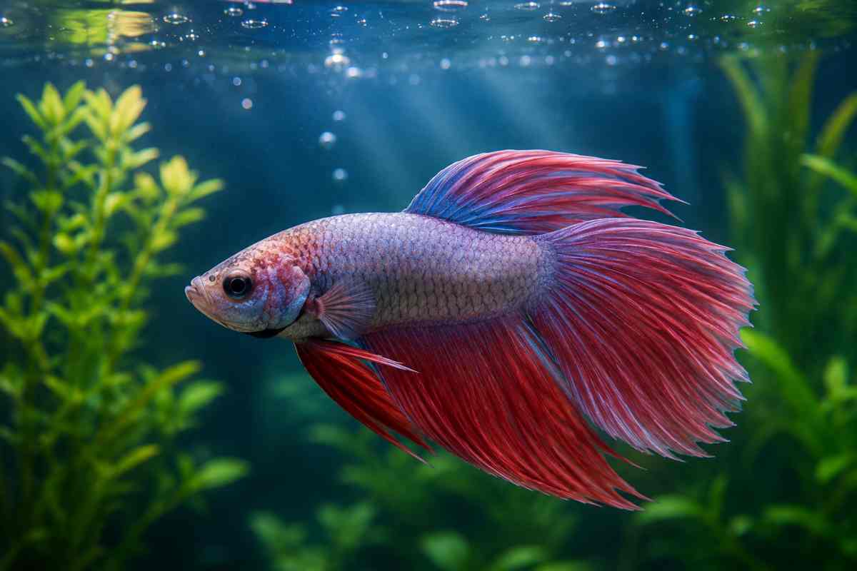 A freshwater aquarium fish swimming underwater, gills visible as it breathes.