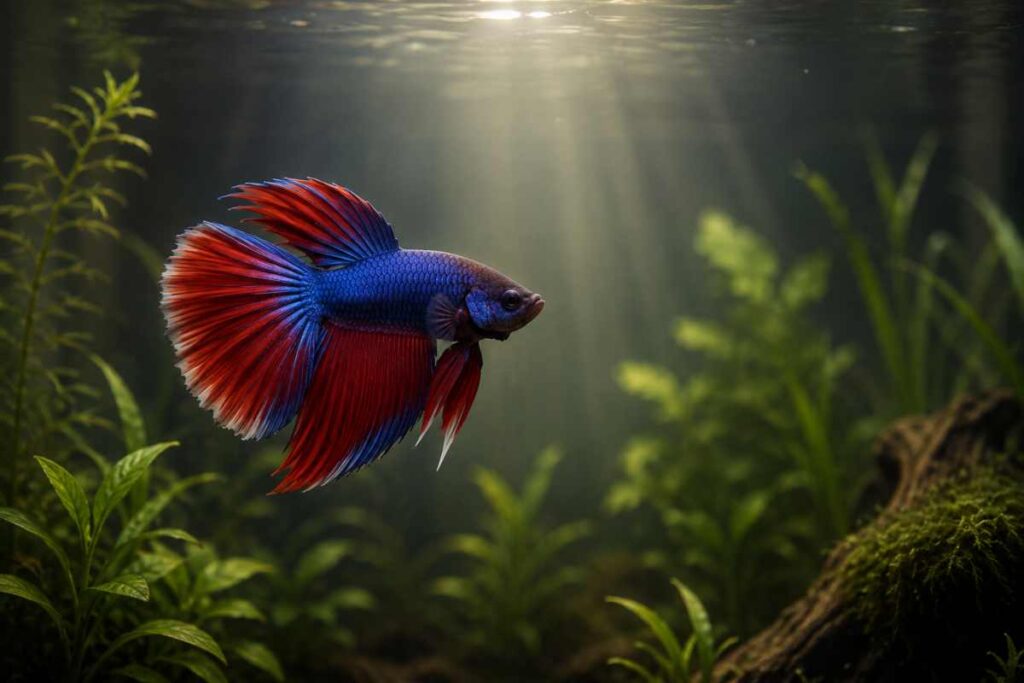 Betta fish swimming alone in a planted tank with no food present.