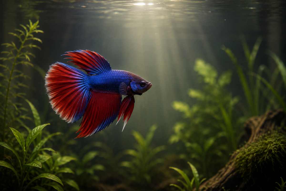 Betta fish swimming alone in a planted tank with no food present.