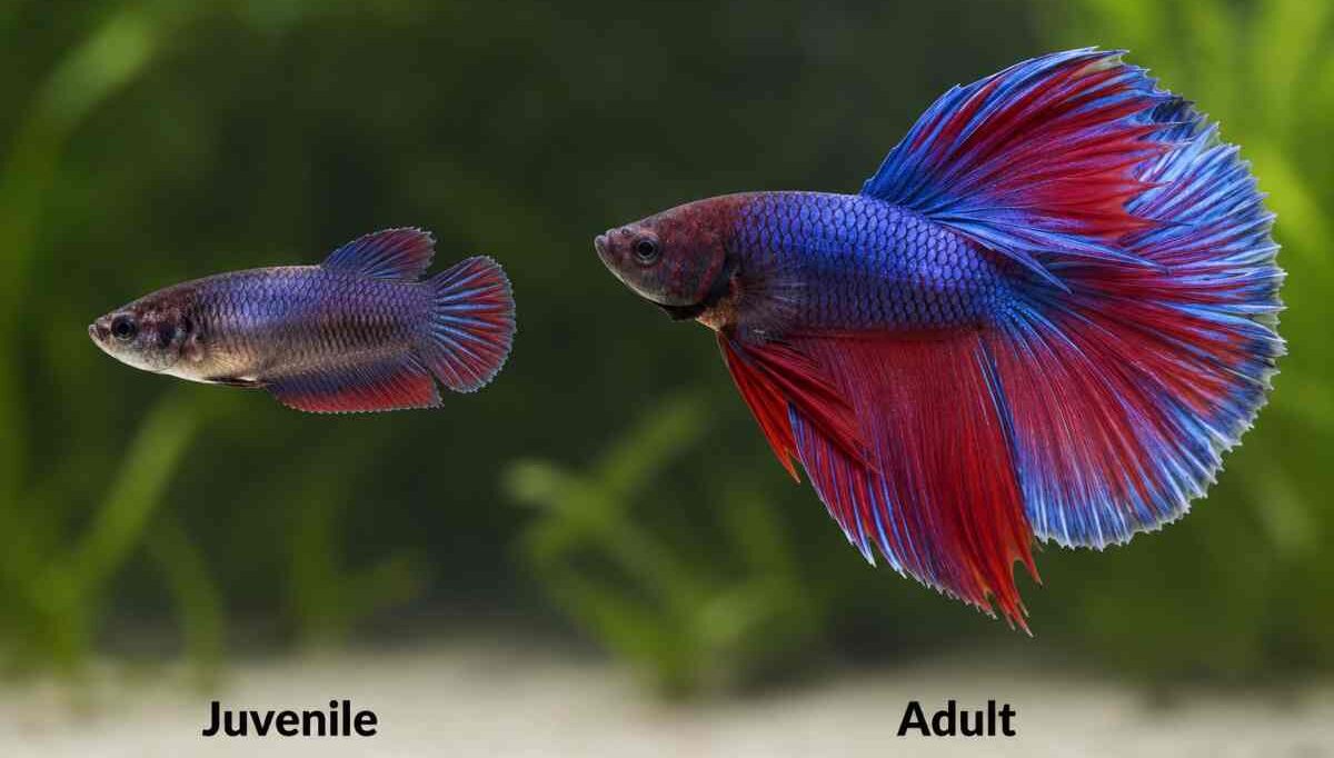Side-by-side comparison of a juvenile betta fish with short fins and an adult betta fish with full flowing fins.