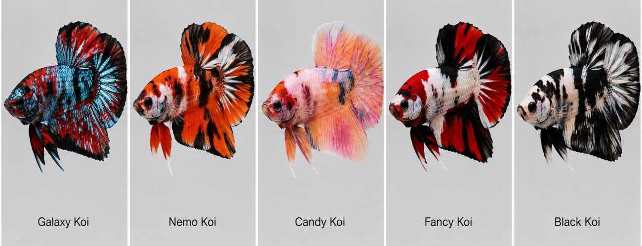 Comparison grid of five Koi Betta color varieties: Galaxy, Nemo, Candy, Fancy, and Black Koi.