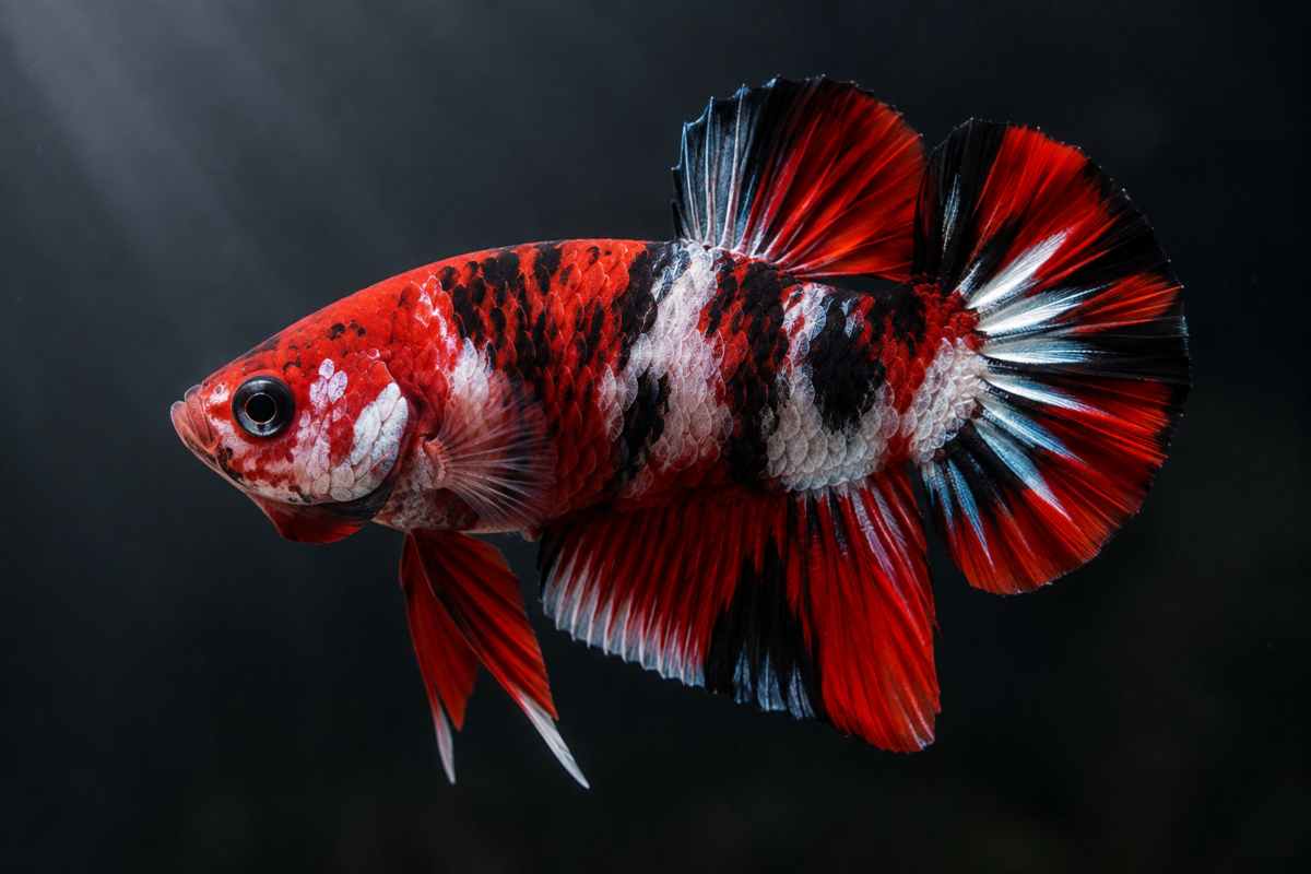 Red, black, and white Koi Betta Plakat fish with fins flared against a dark background.