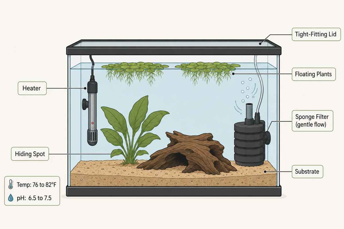 Labeled infographic of a 10-gallon Koi Betta tank setup with heater, filter, plants, and substrate.