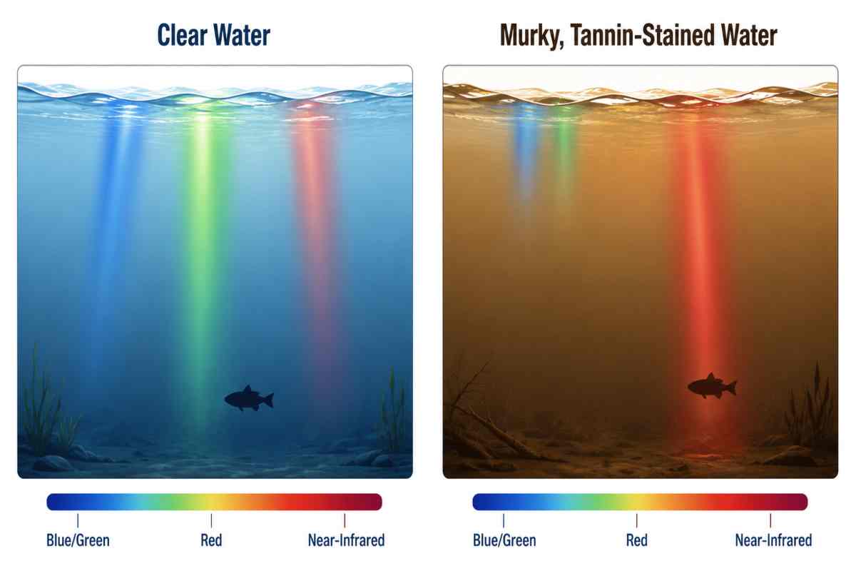 Comparison of clear versus murky, tannin-stained water showing how blue, green, red, and near-infrared light penetrate to different depths.