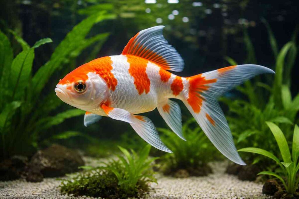 White and orange Sarasa Comet goldfish swimming in a planted freshwater aquarium, showing clear orange patches on a white body.