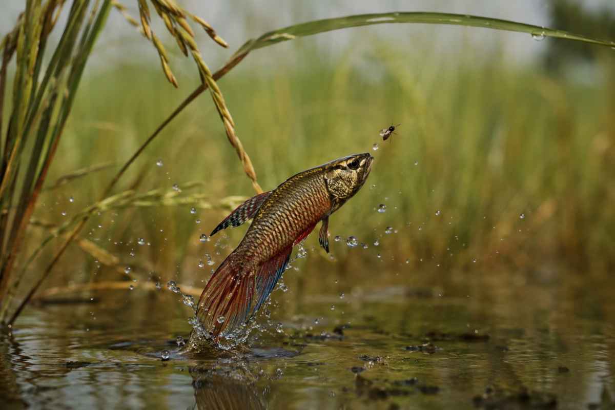 Wild betta fish leaping out of water to catch a flying insect in a rice paddy.