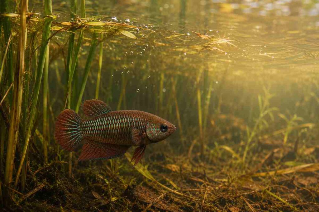 Wild-type betta fish swimming beneath the water surface among rice stems, with air bubbles rising toward the light.