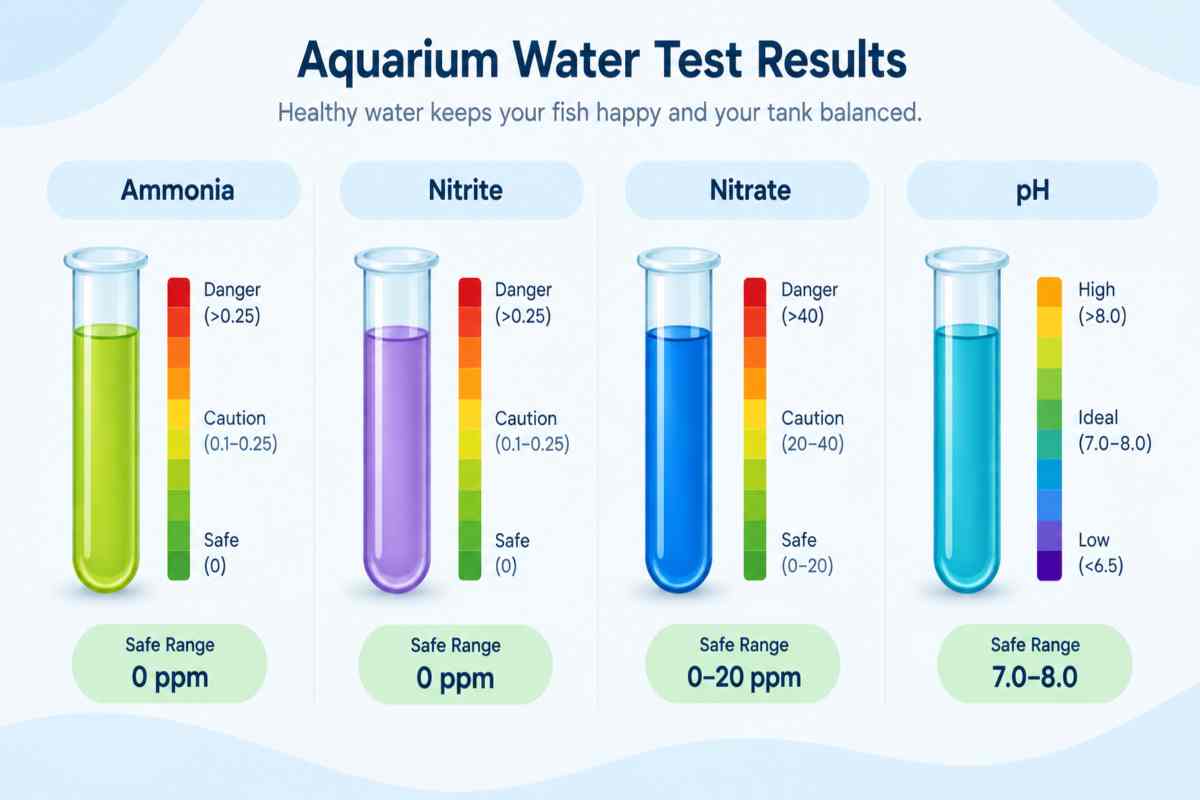 Aquarium water testing kit infographic with safe ranges for ammonia, nitrite, nitrate, and pH.