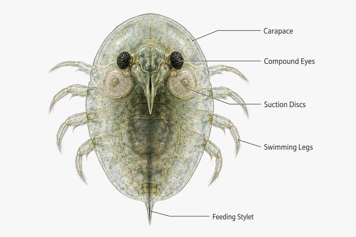 Labeled diagram of an Argulus fish louse showing carapace, eyes, suction discs, legs, and stylet.